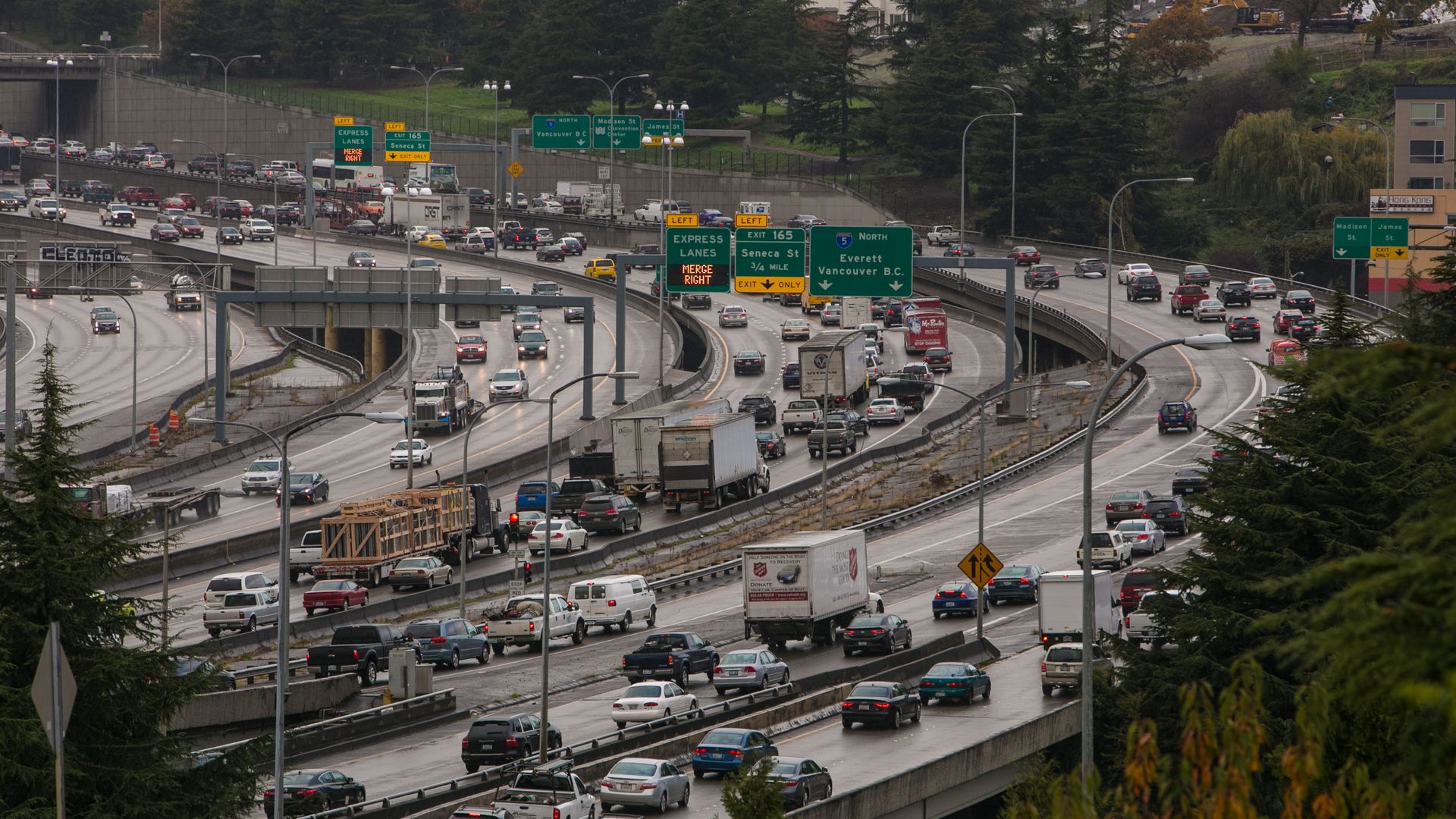 A view of dense traffic on Interstate-5 in Seattle. 