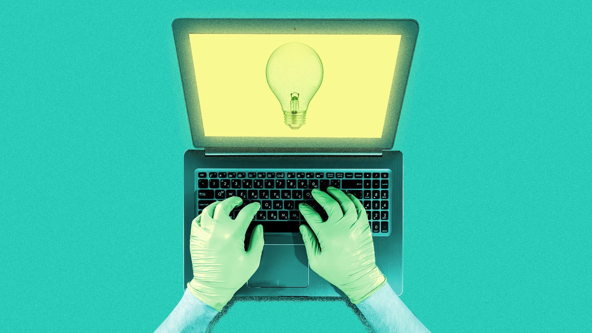 Illustration of a person at a computer wearing medical gloves with a lightbulb on the screen