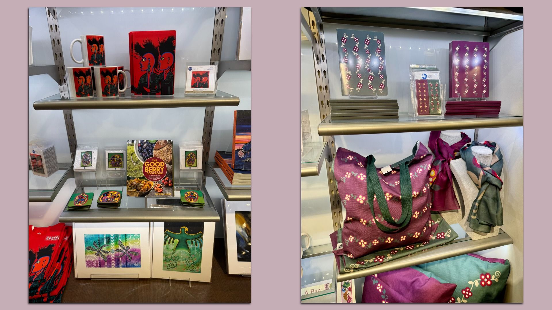 Two photos of gifts featuring art by Native American artists