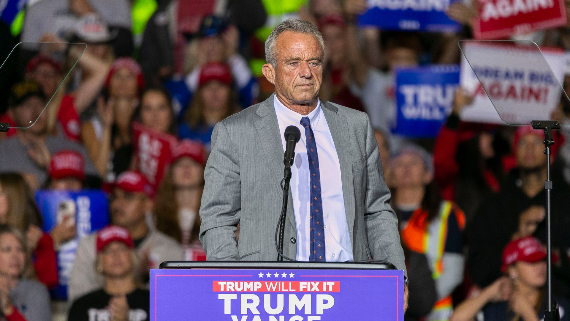 Robert F. Kennedy Jr., partner with Morgan & Morgan PA, during a campaign event with former US President Donald Trump, not pictured, at the Fiserv Forum in Milwaukee, Wisconsin, US, on Friday, Nov. 1, 2024. Trump and his allies are telling supporters that they're on pace for a runaway victory barrin