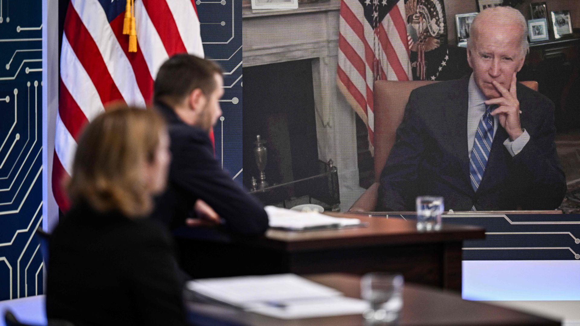 President Biden participates in a meeting virtually on Tuesday.