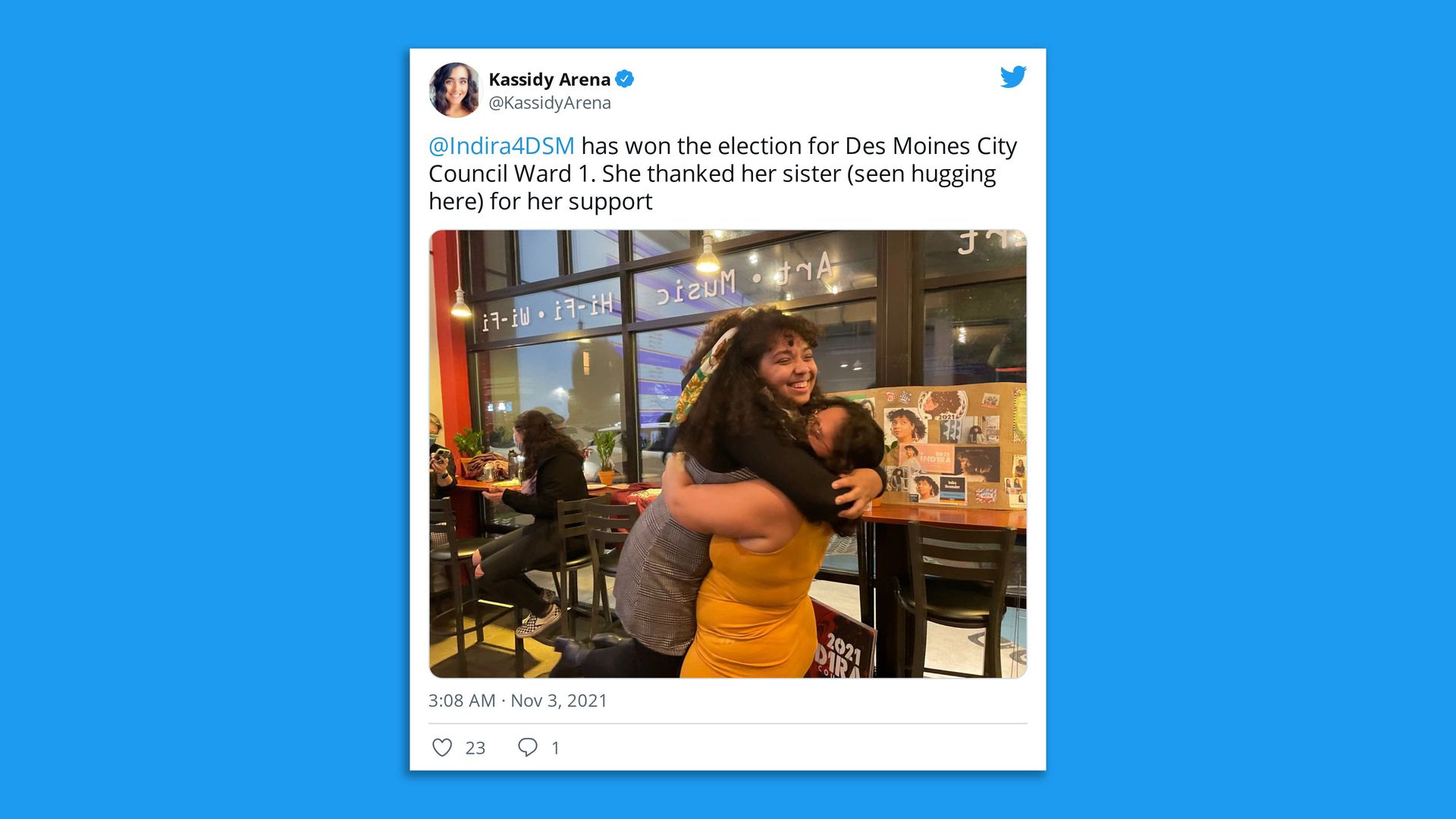 Indira hugging her sister