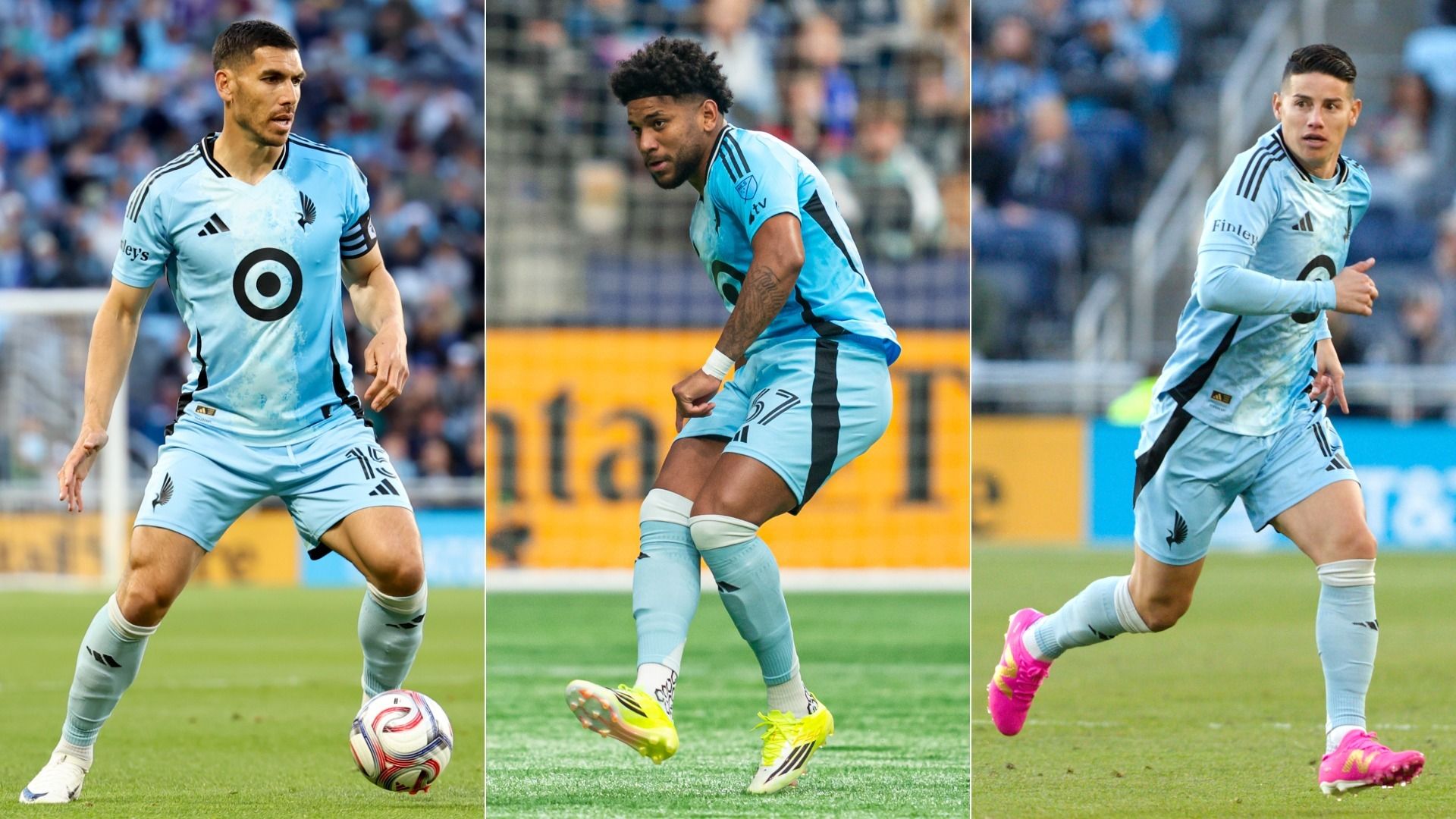 Pictures of soccer players Michael Boxall, Carlos Harvey, James Rodriguez all in blue jerseys.
