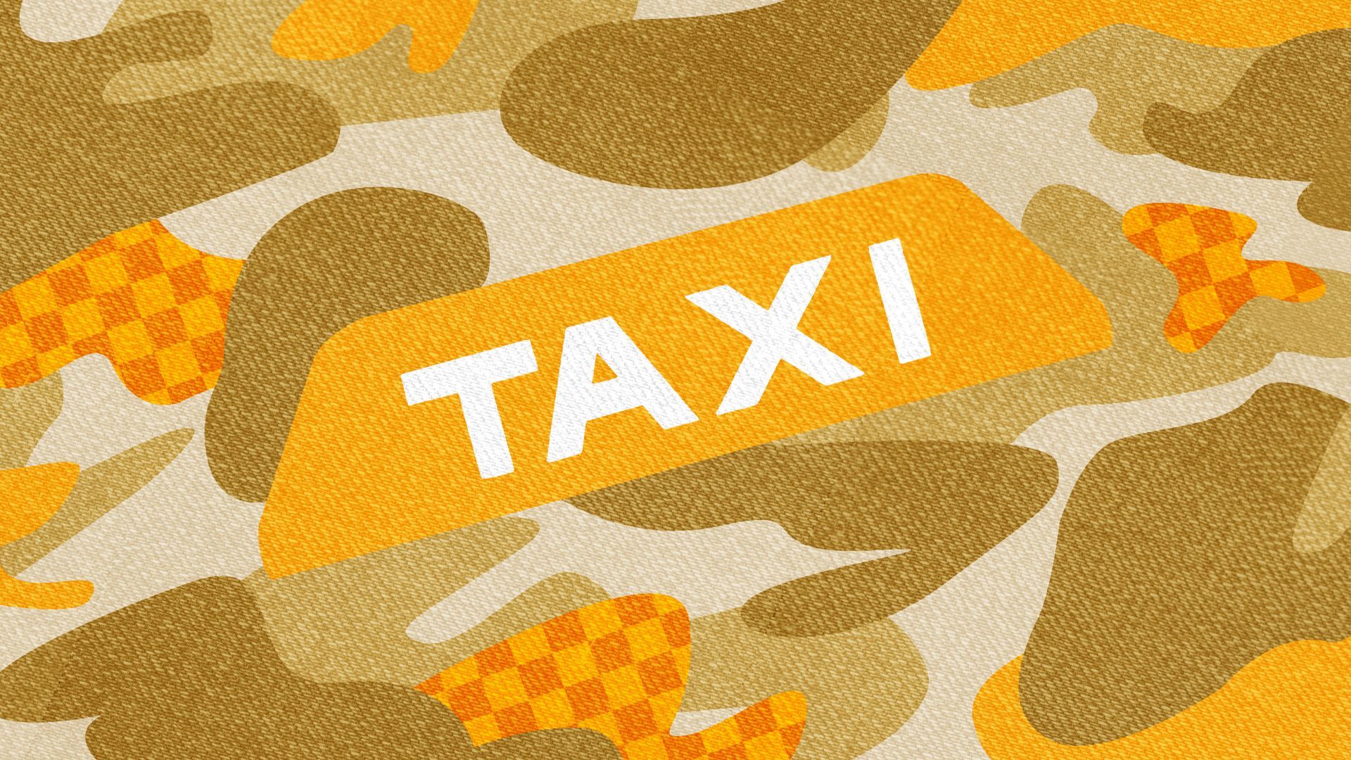 Illustration of a yellow and tan camouflage pattern with the central shape resembling a taxi sign, and with taxi checkers included throughout the pattern