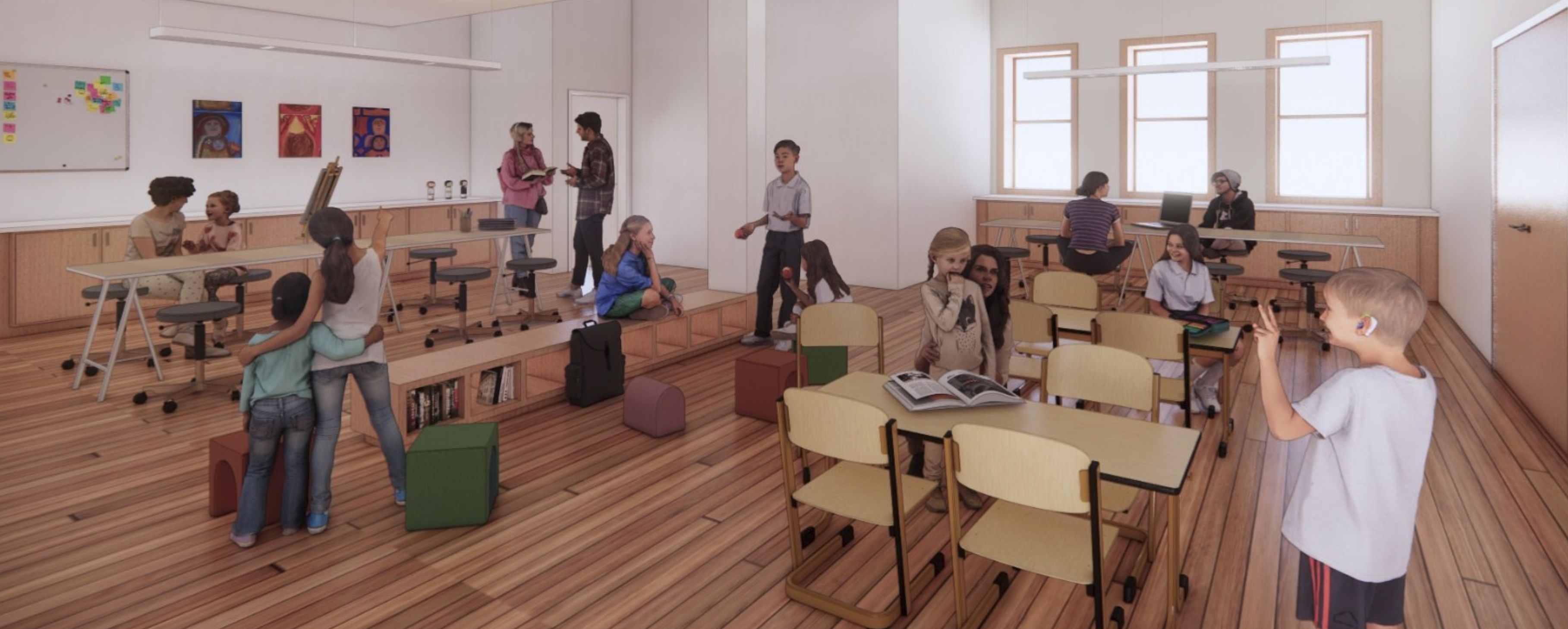 Tables and chairs and benches with colored blocks and people standing and sitting.