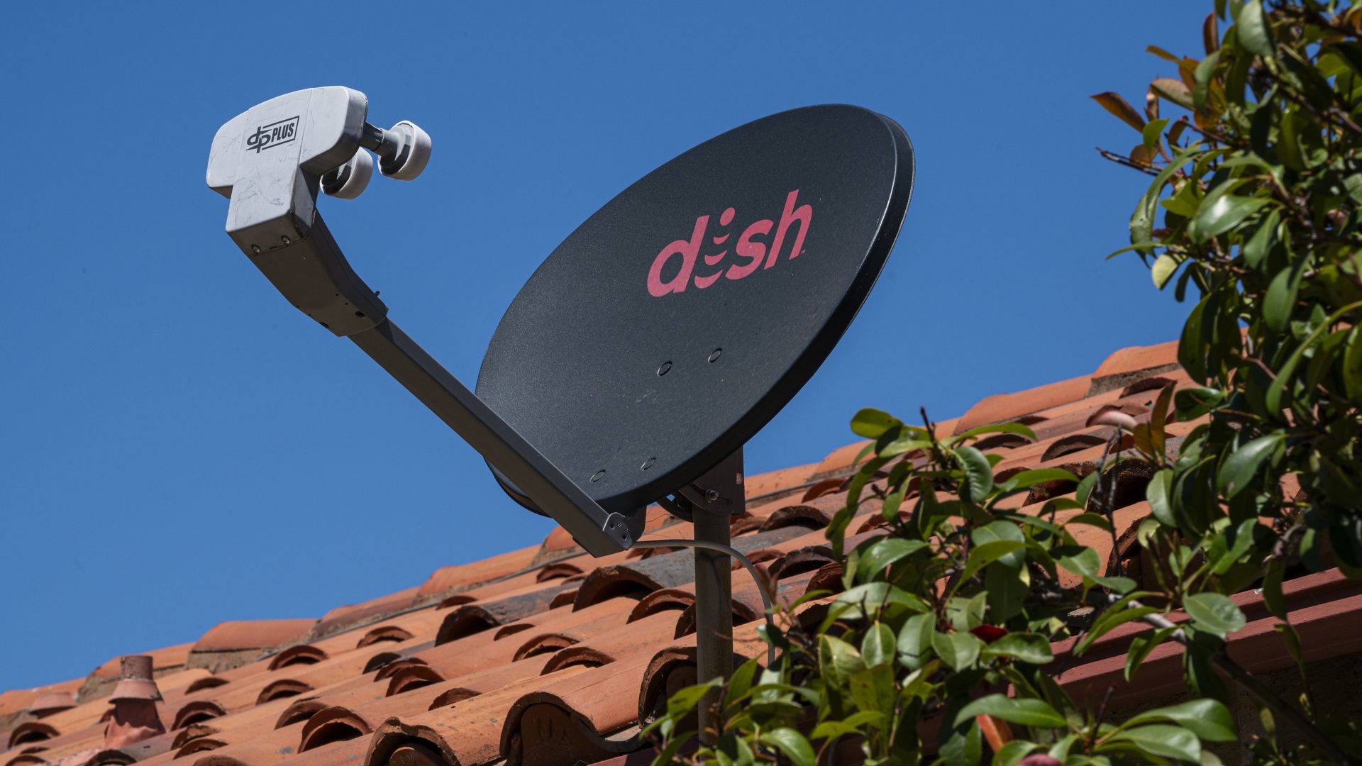A Dish Network satellite dish on the roof of a home in Crockett, California