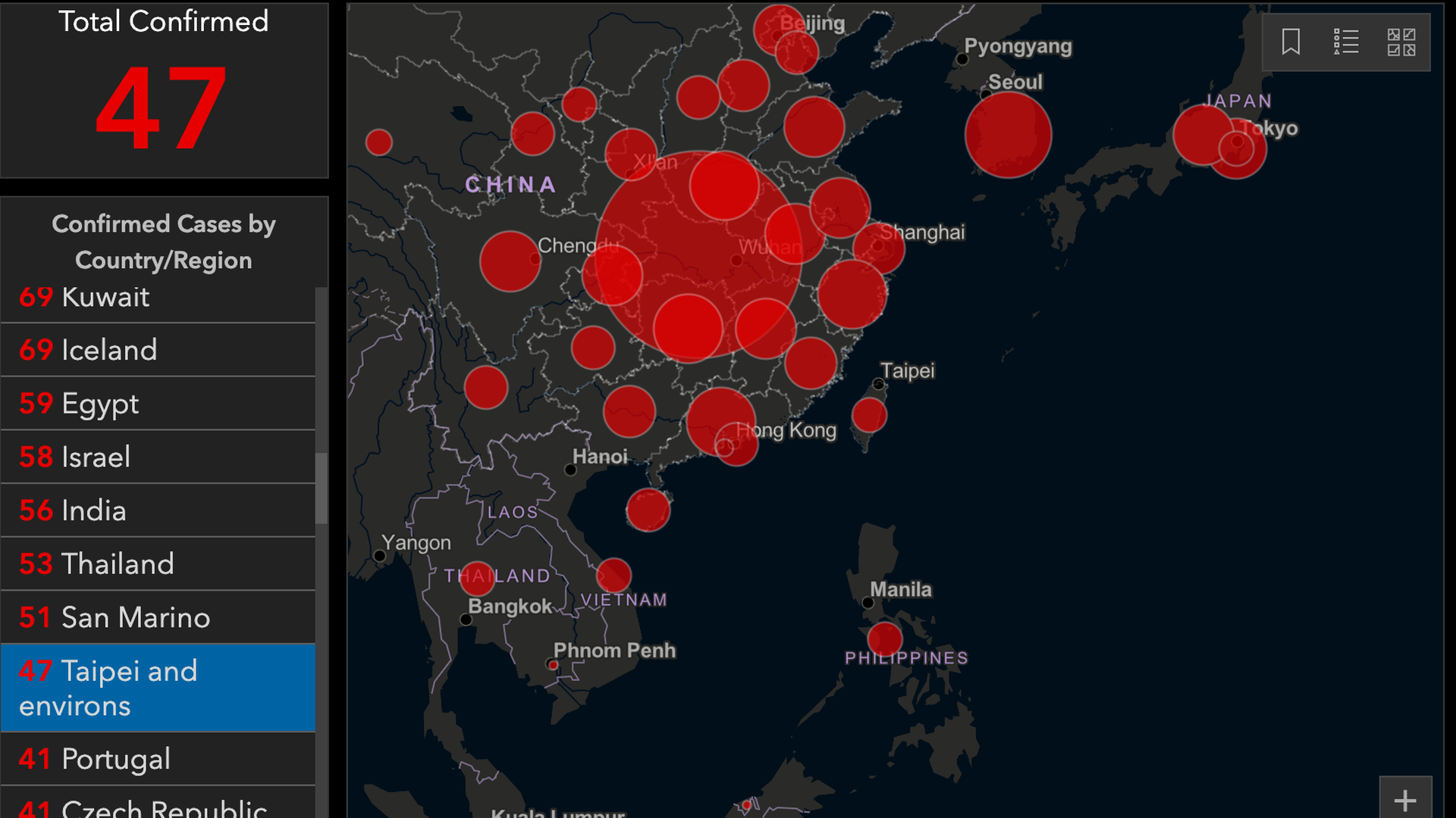 A heat map showing number of coronavirus cases in China, and in "Taipei and environs."