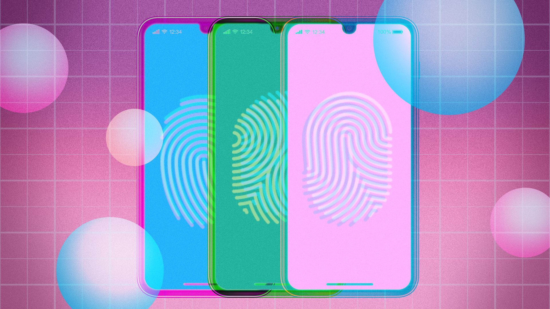 Illustration of three cellphones with stylized fingerprints on a grid with circles