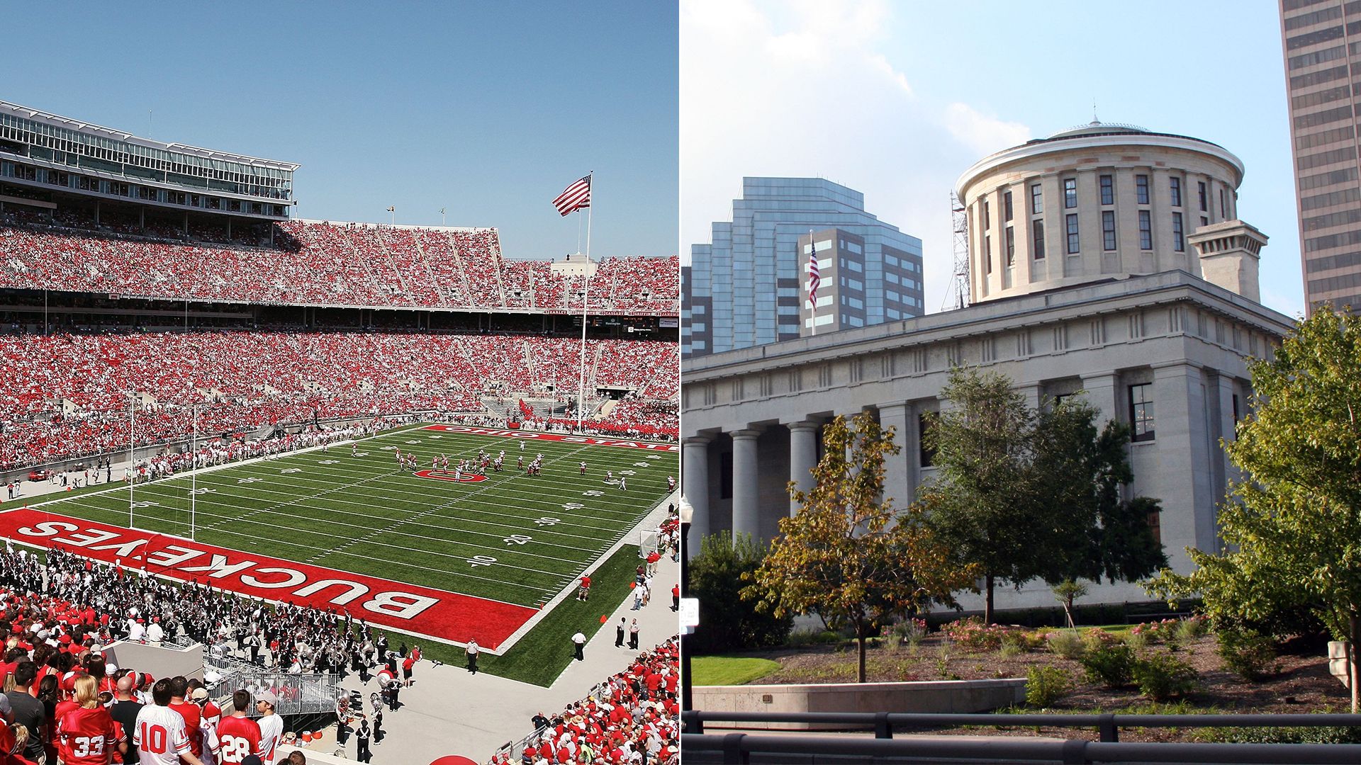 Side-by-side photos of Ohio Stadium and Ohio Statehouse