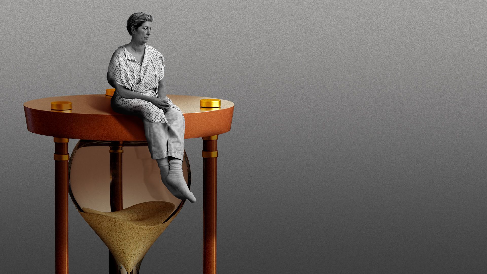 Illustration of a patient in a hospital gown sitting on top of an hourglass