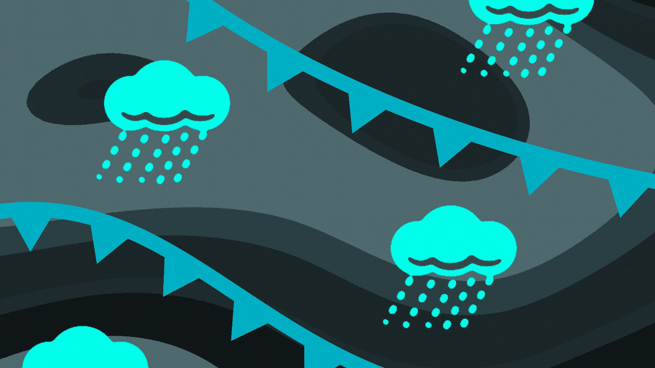 Animated illustration of a weather map with rainclouds, cold front symbols and changing background colors.
