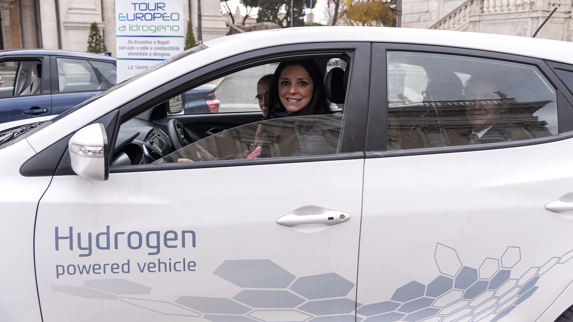 Linda Meleo Councillor for Mobility of Rome driving a hydrogen car in Campidoglio on December 9, 2017, in Rome, Italy.