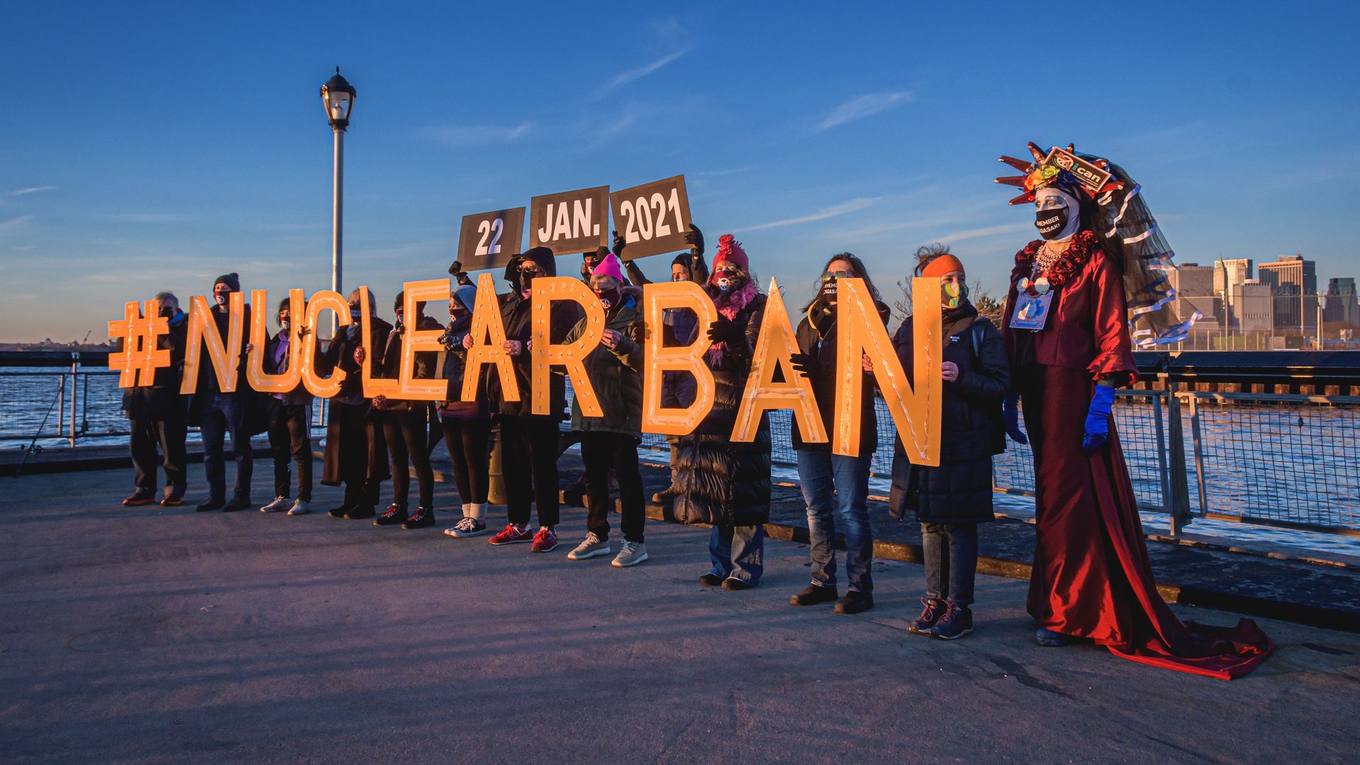 Protesters celebrate the Treaty on the Prohibition of Nuclear Weapons in New York on Jan. 22.