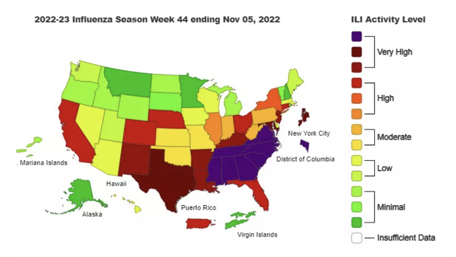 A map of the United States with different colors showing the level of influenza activity. The Southeast is "very high."