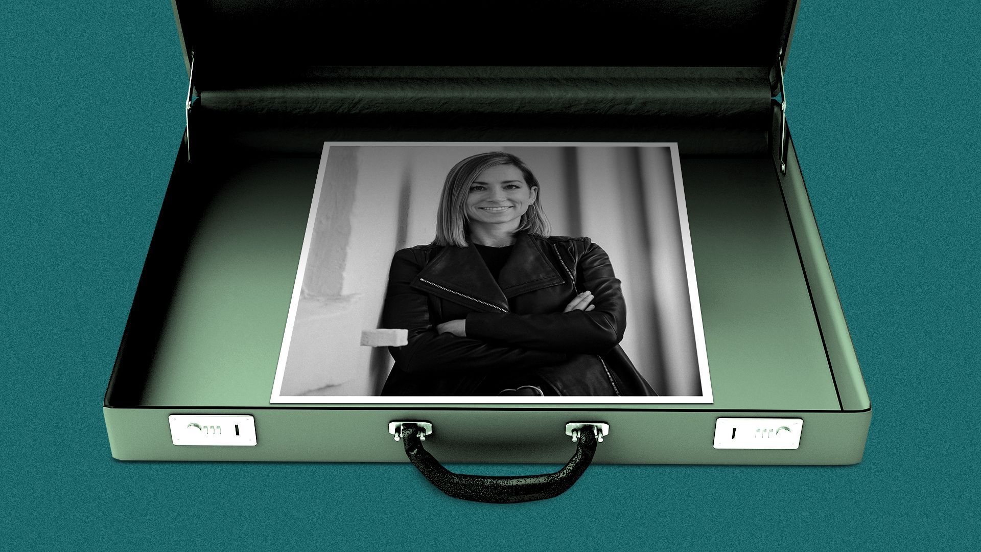 Photo illustration of a briefcase with a photo of Allison Baum Gates in it.