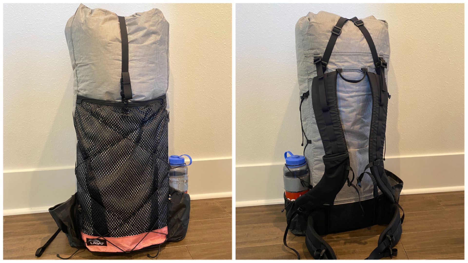A packed ultralight backpack.