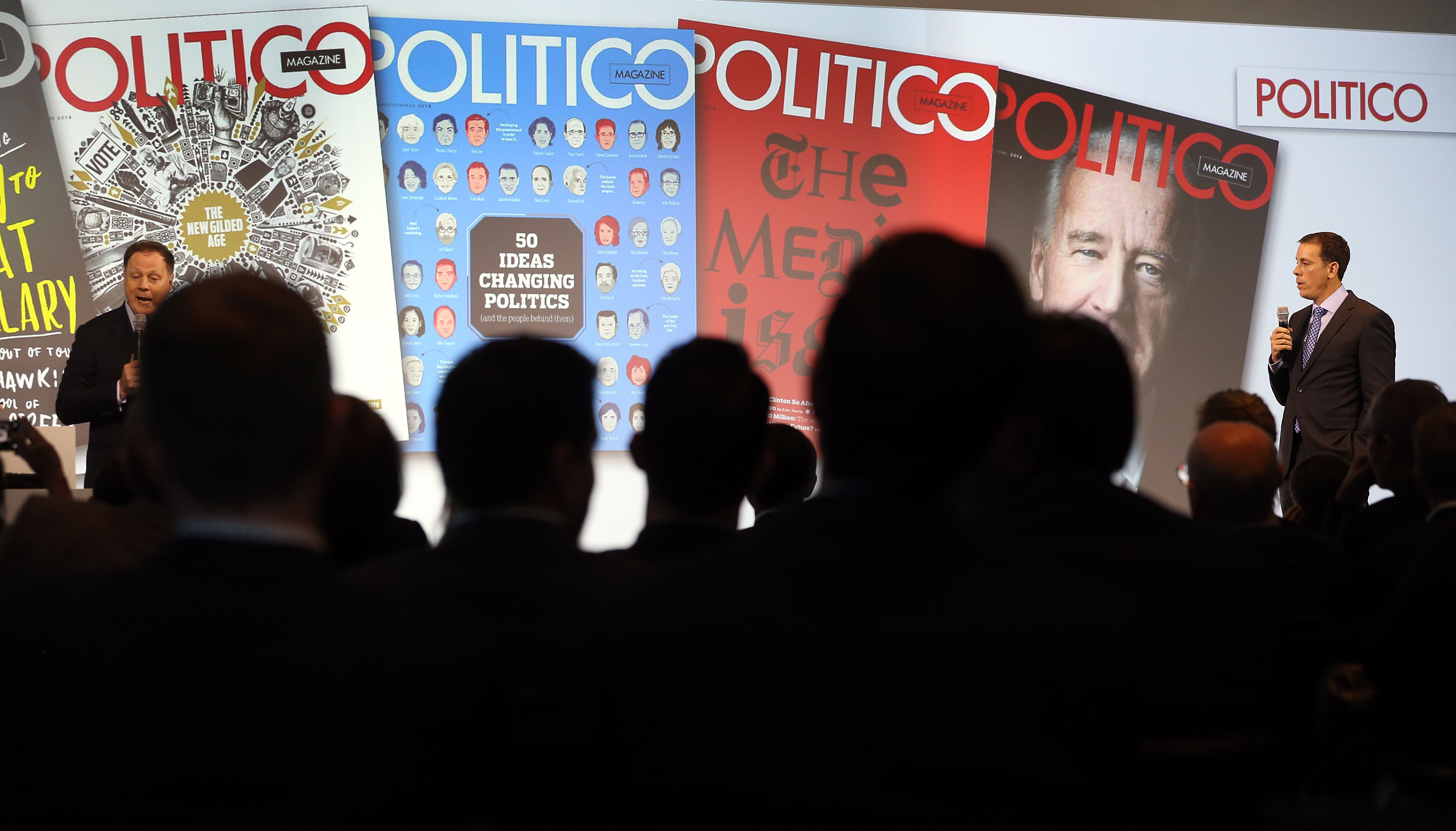Editor-in-Chief for Marketing and Advertising John Harris (L) and Jim VandeHei, Editor-in-Chief and co-founder of Politico, speak during an Axel Springer Event entitled "Press Get Together 2014" in Berlin, Germany, 09 December 2014. The European publisher of the American online platform Politico wil