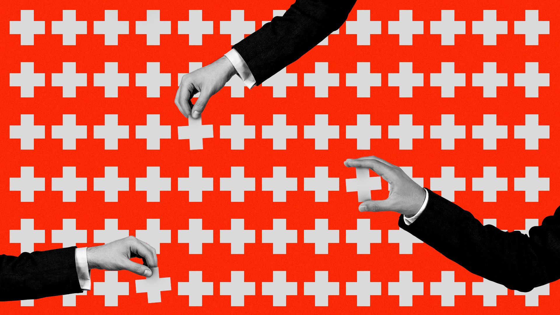 Illustration of a pattern of repeating health crosses with several hands picking up different crosses. 