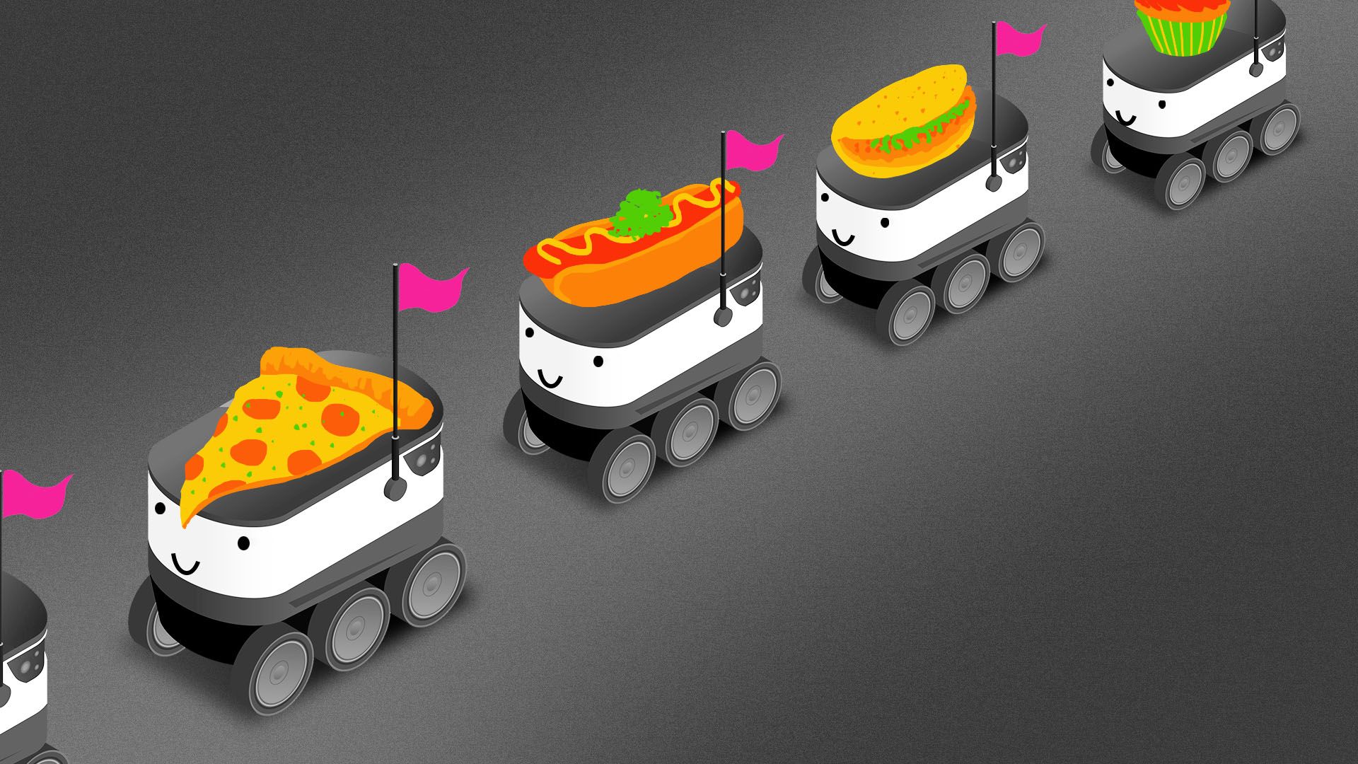 Illustration of a line of delivery robots with food items on their backs