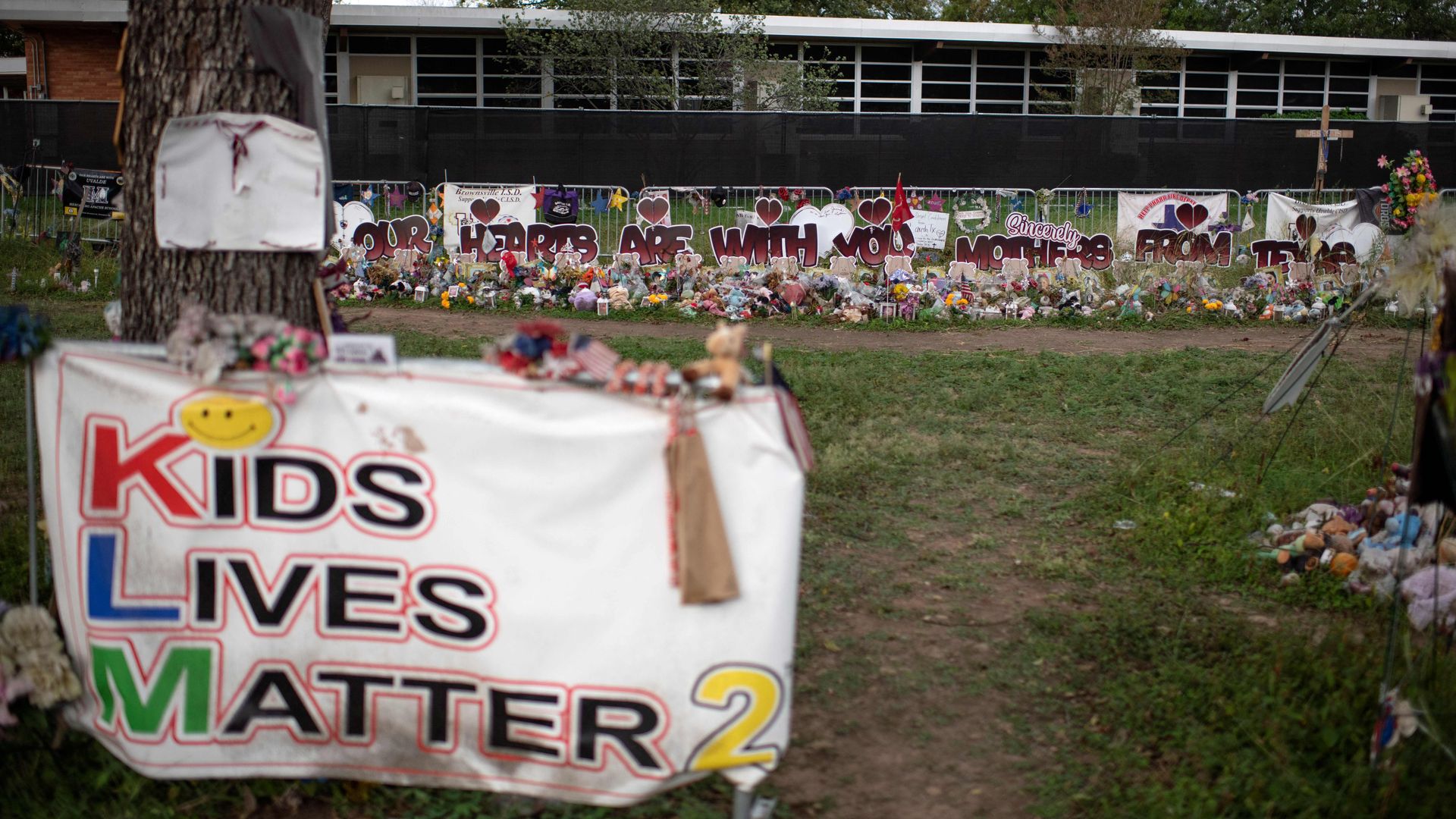 A memorial to honor those who lost their lives during the Robb Elementary School shooting is seem in Uvalde, Texas on November 8