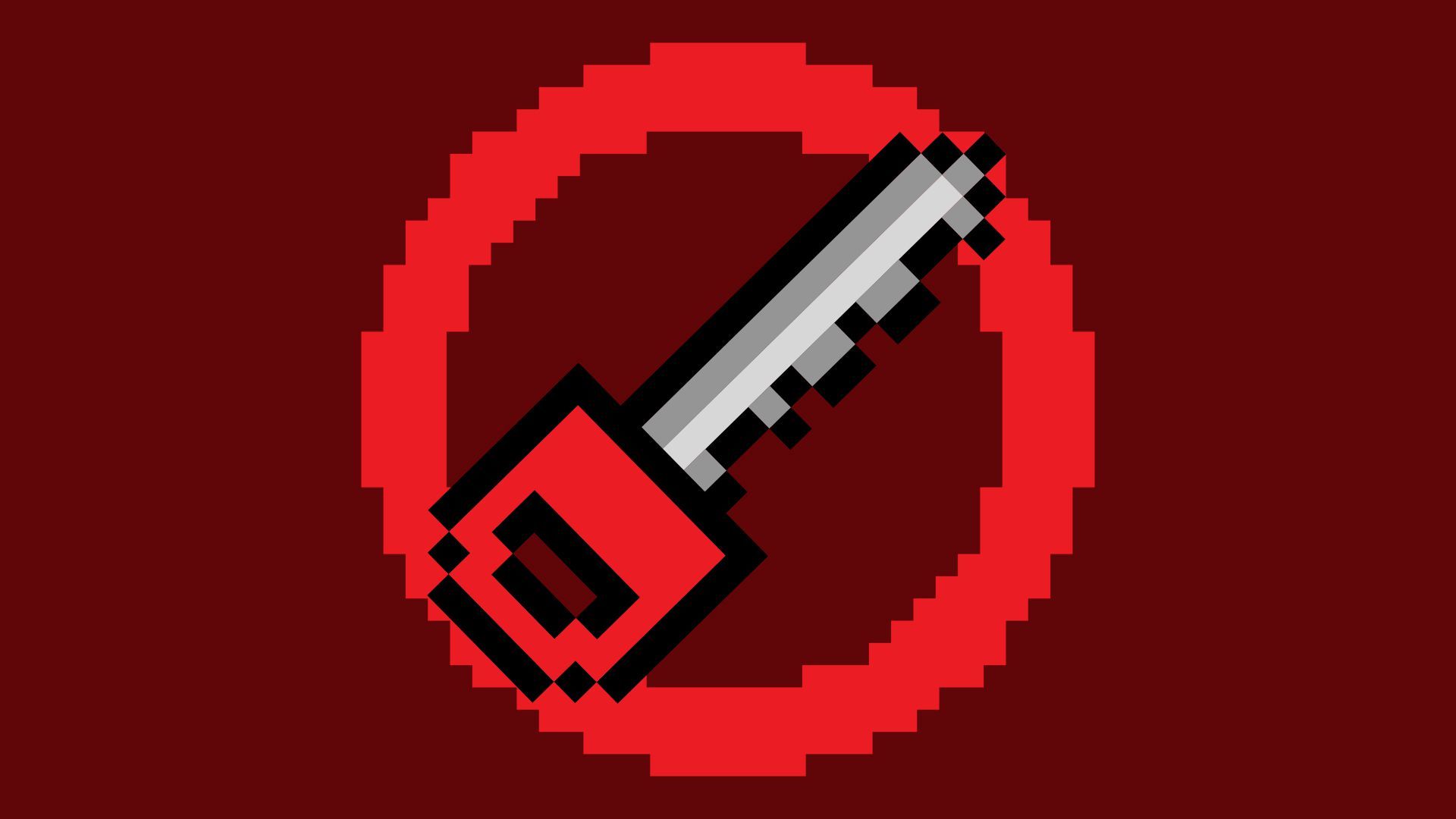 Illustration of a pixelated key and circle creating a strike symbol