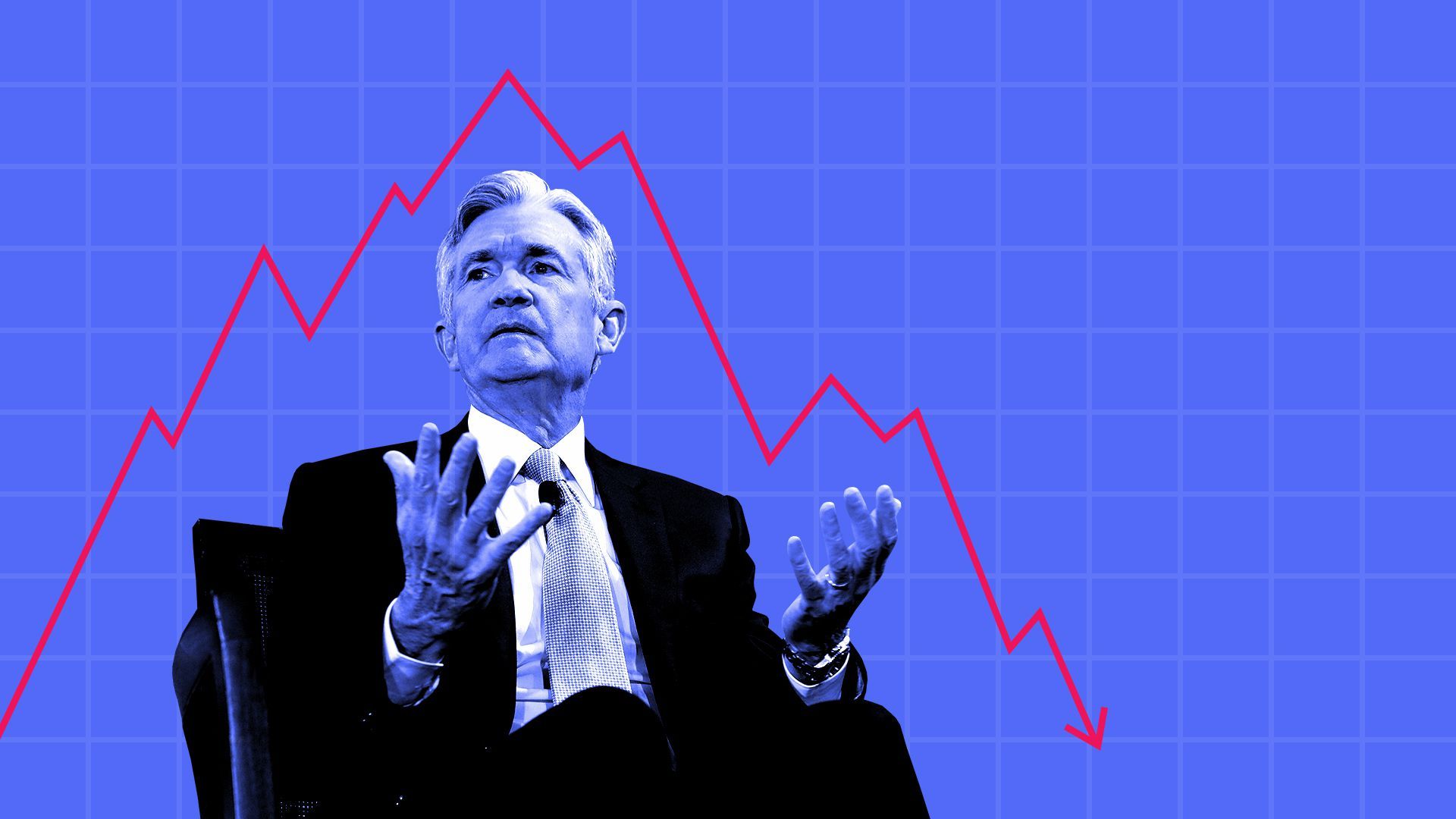 Alt tex: Jerome Powell with his hands raised against a negative trend line.