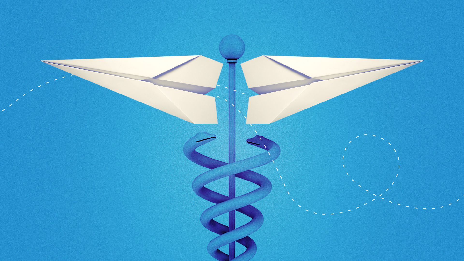 Illustration of a caduceus with paper airplanes instead of wings.