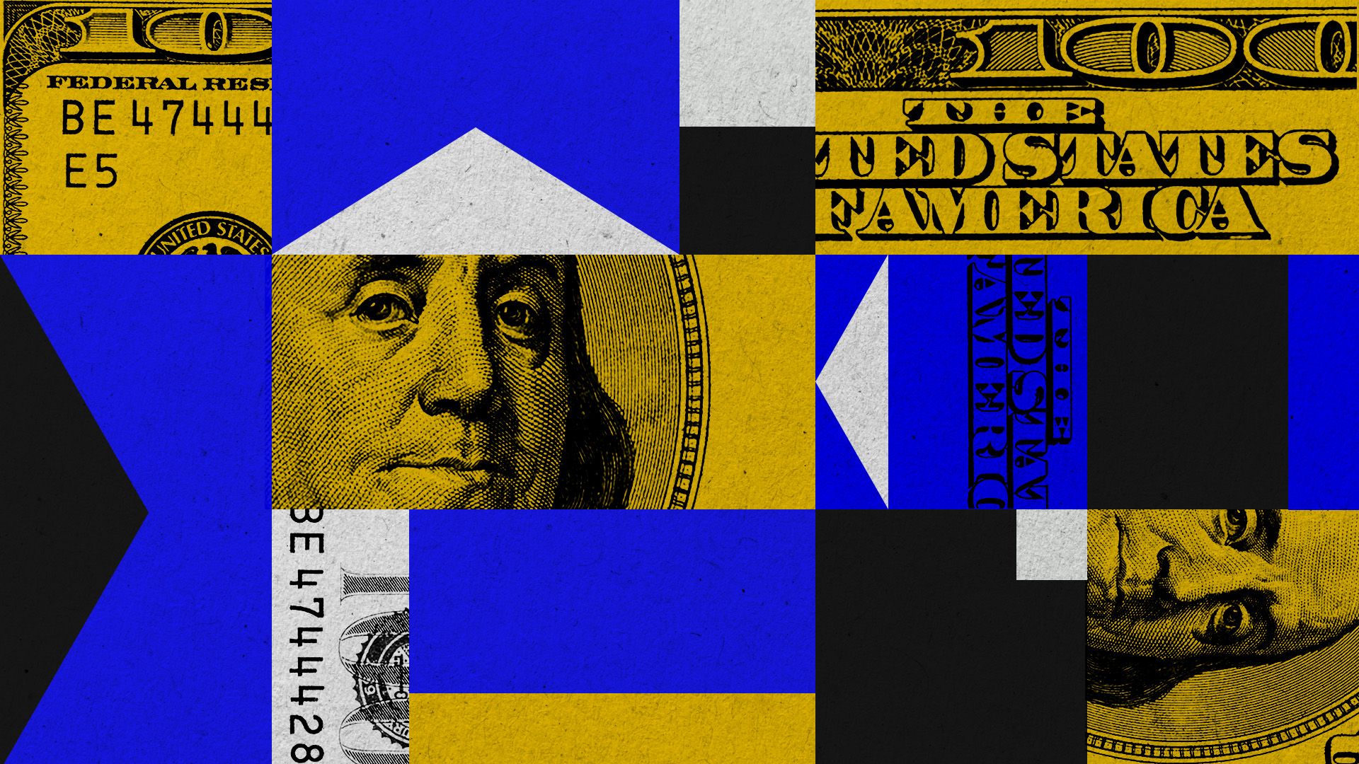 Illustrated collage of a cut up hundred dollar bill in various positions with squares, rectangles, and arrows