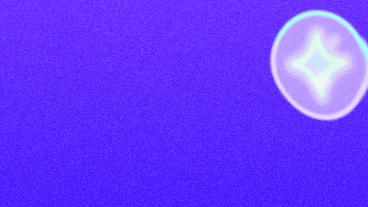 Animated illustration of a bubble with a sparkle shape inside it bouncing off the four sides of the frame.
