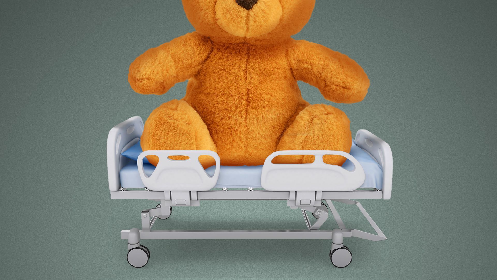 Illustration of a giant teddy bear taking up an entire hospital bed. 