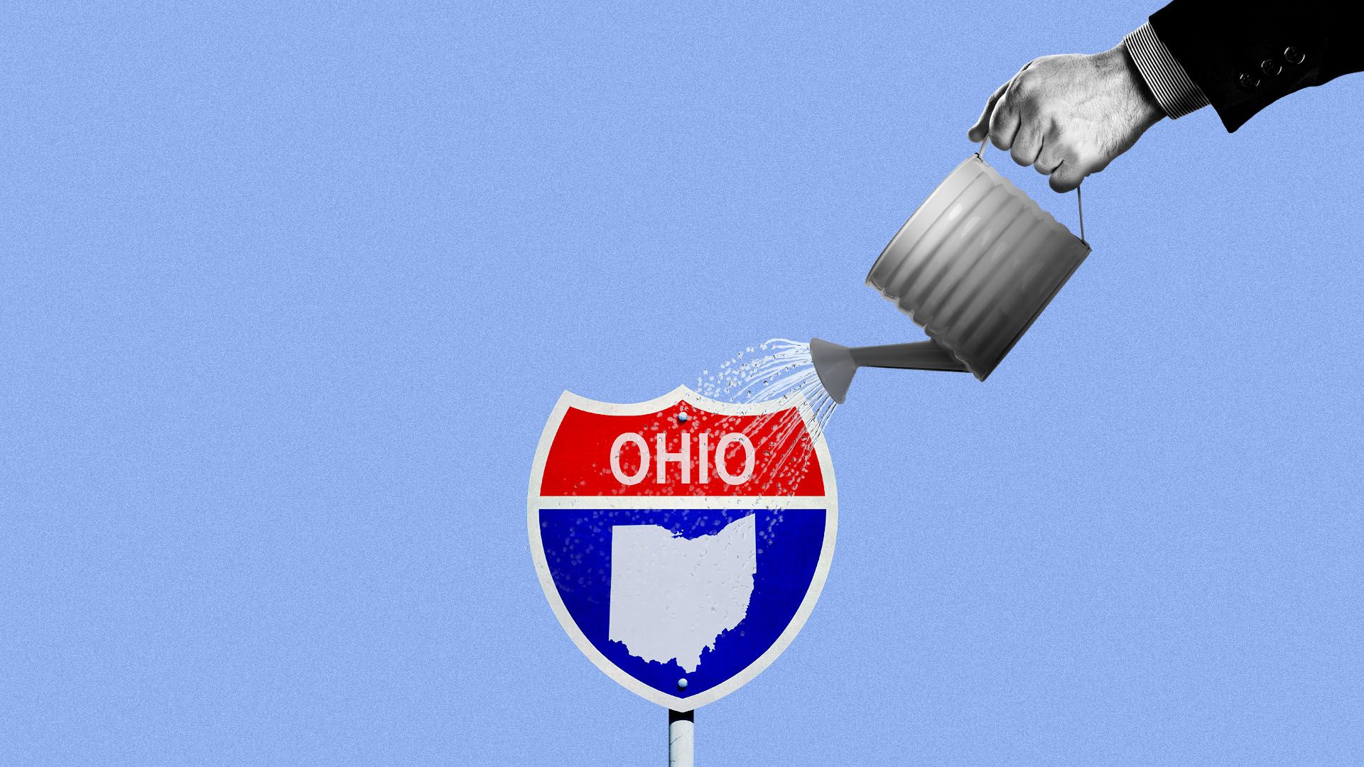 Illustration of an Ohio interstate sign being watered by a hand in a suit