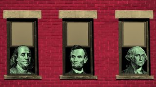  Illustration of three windows on a brick wall, with Ben Franklin, Abraham Lincoln, and George Washington in them.