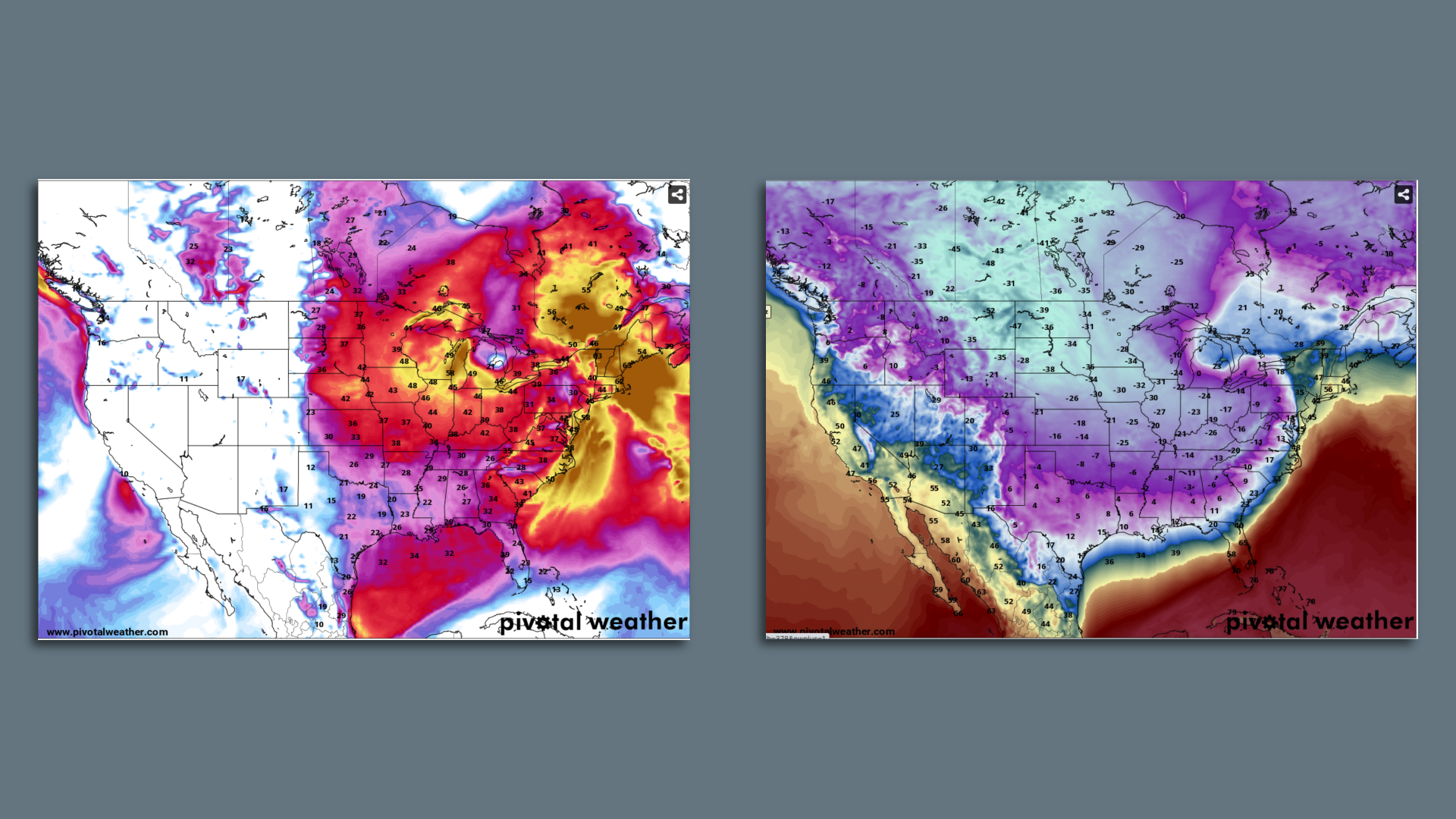 Winds and temperatures associated with the bomb cyclone, shown side-by-side.