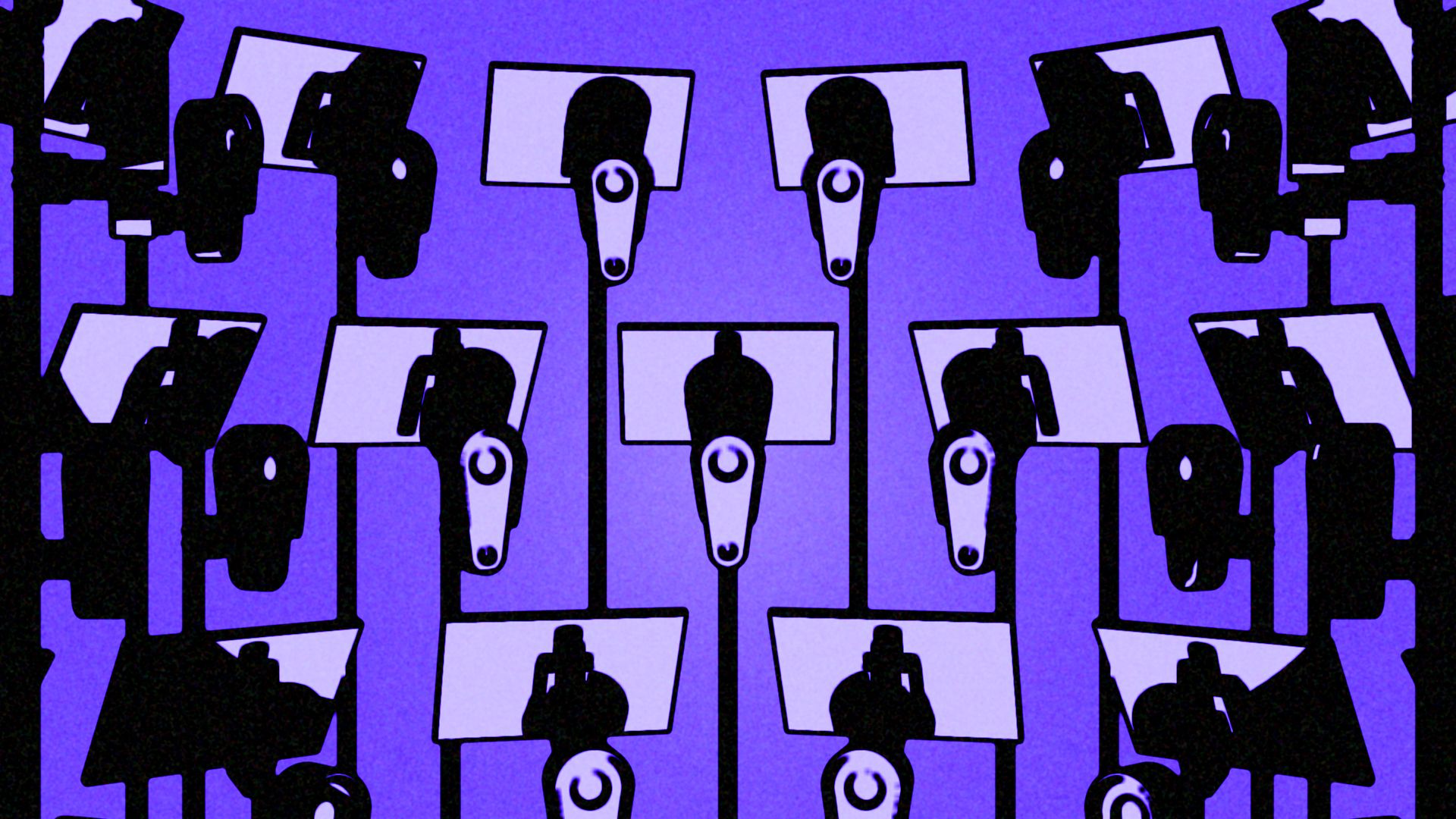 Illustration of 18 streetlight surveillance cameras, filling the whole frame and rotated around the reader's point of view.