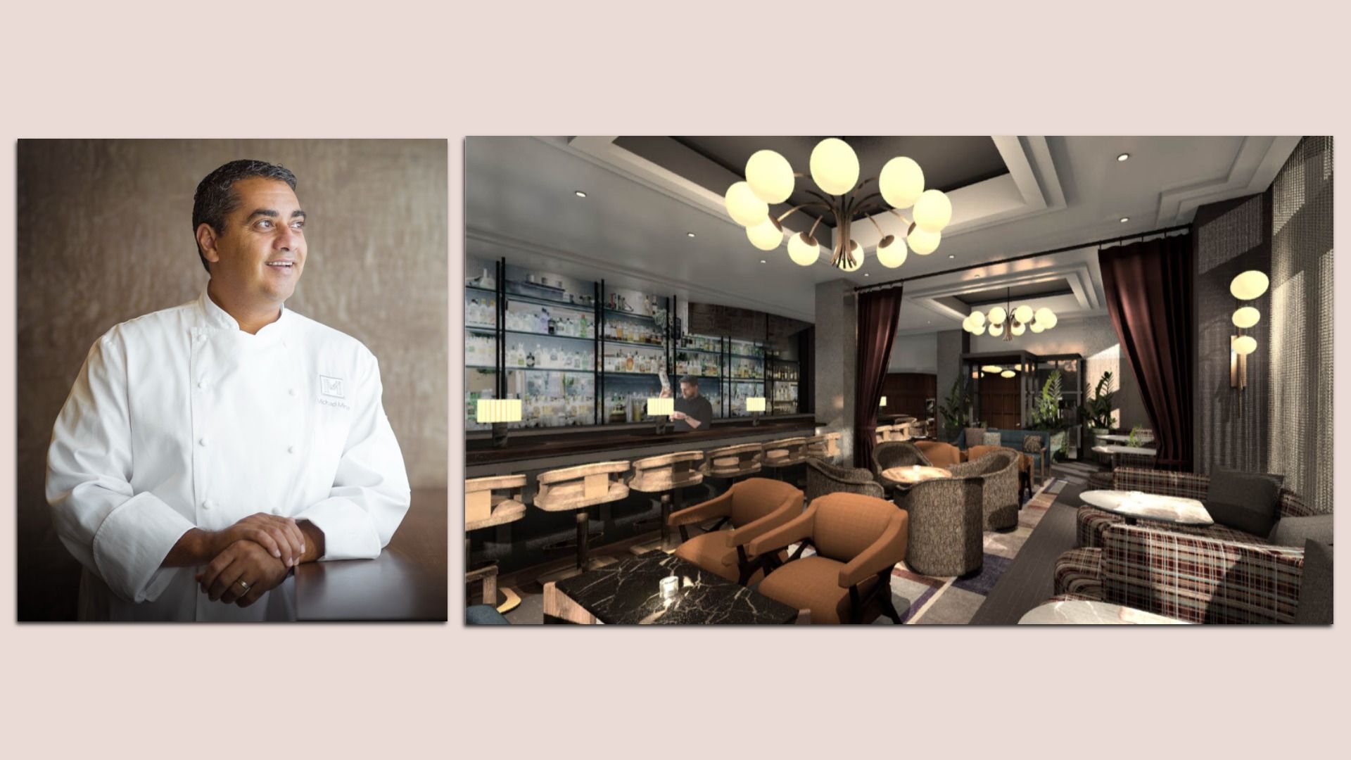 Left: a smiling chef in a white uniform at a counter. Right: a stylish lounge with a long bar, curved seating, shelves of bottles, and round pendant lights.