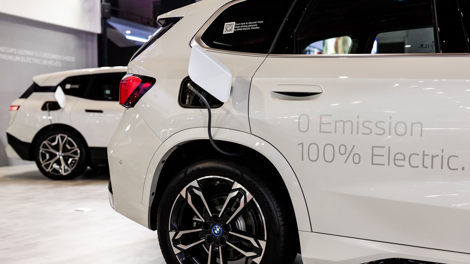 A fully electric BMW iX is being displayed at the Indonesia International Motor Show (IIMS) in Jakarta, Indonesia, on February 22, 2024. (Photo by Garry Lotulung/NurPhoto via Getty Images)