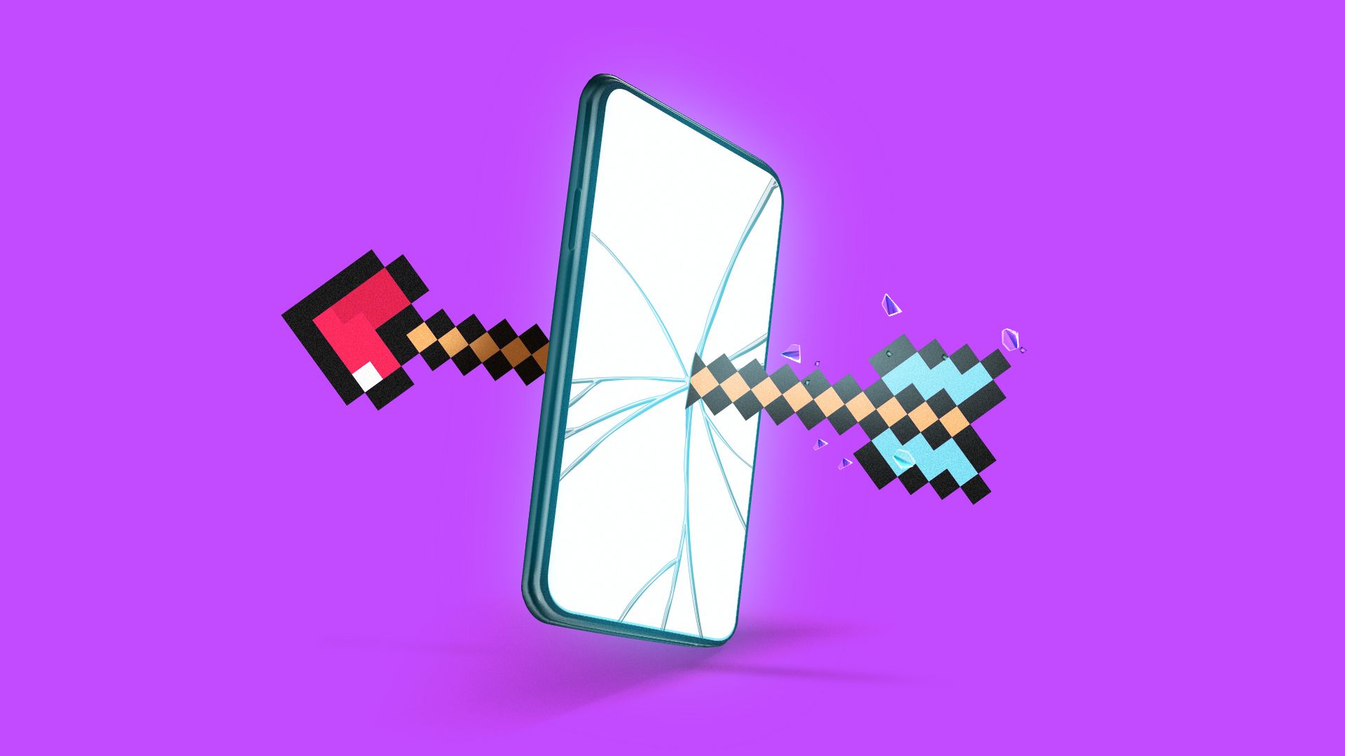 Illustration of a pixel Cupid's arrow piercing a cell phone.
