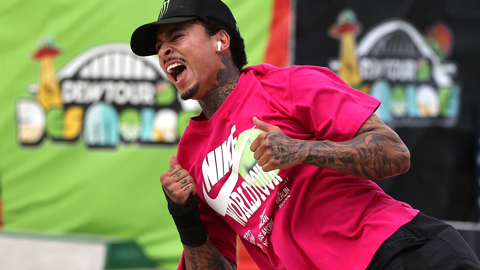 Nyjah Huston reacts after finishing first place in the Men's Street Final at the Dew Tour on May 23, 2021 in Des Moines, Iowa. 