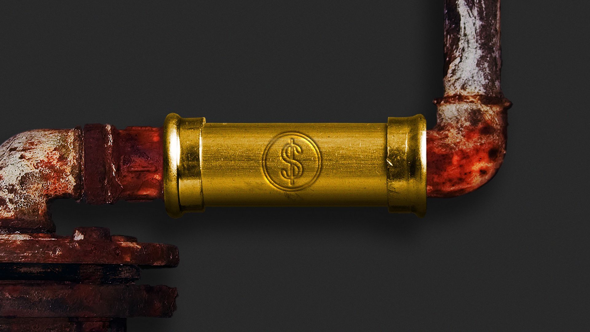 Rusty pipes with one brand new gold pipe in the center. The gold pipe has a dollar sign symbol.