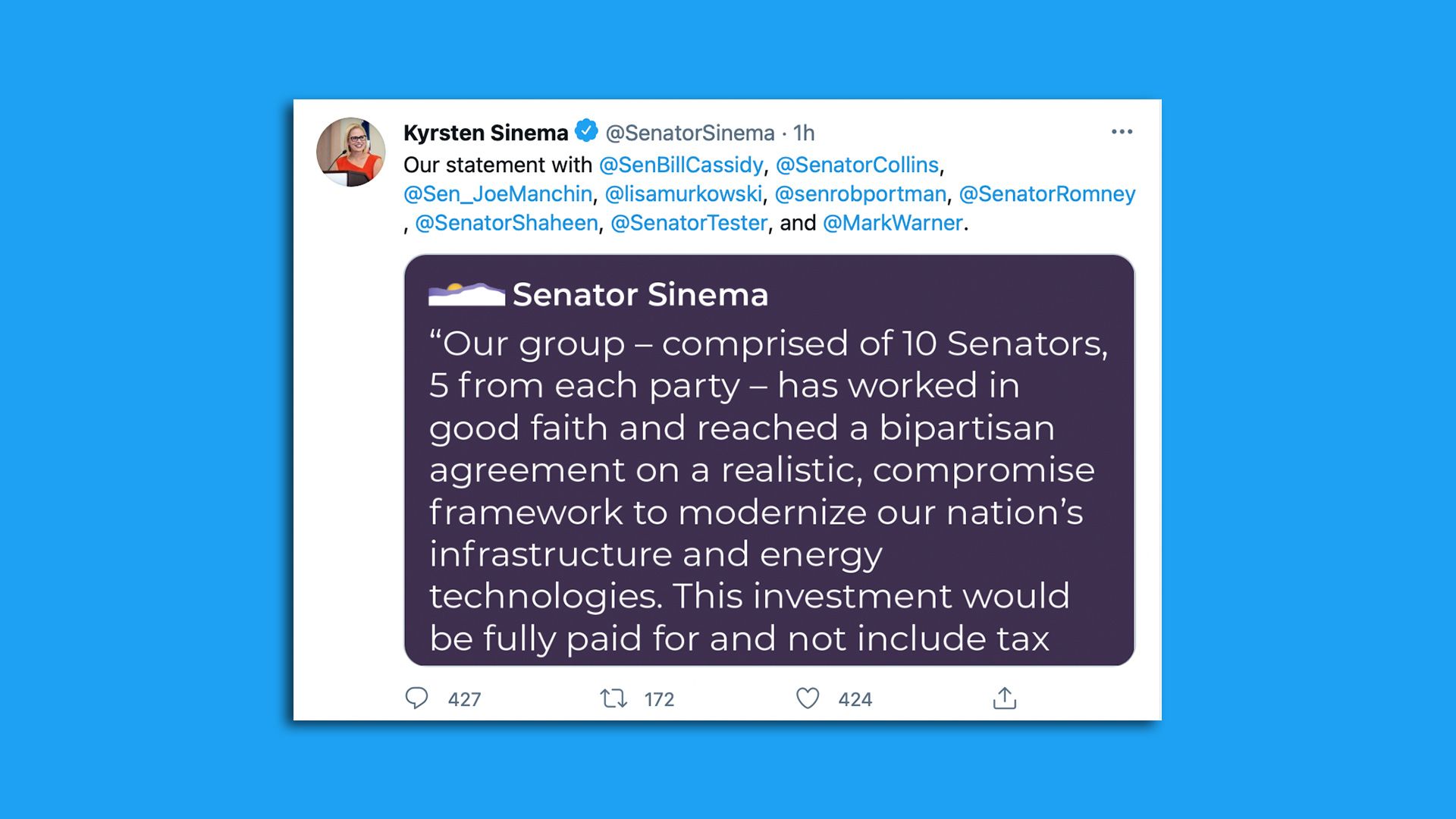 A screenshot shows a tweet from Sen. Krysten Sinema.