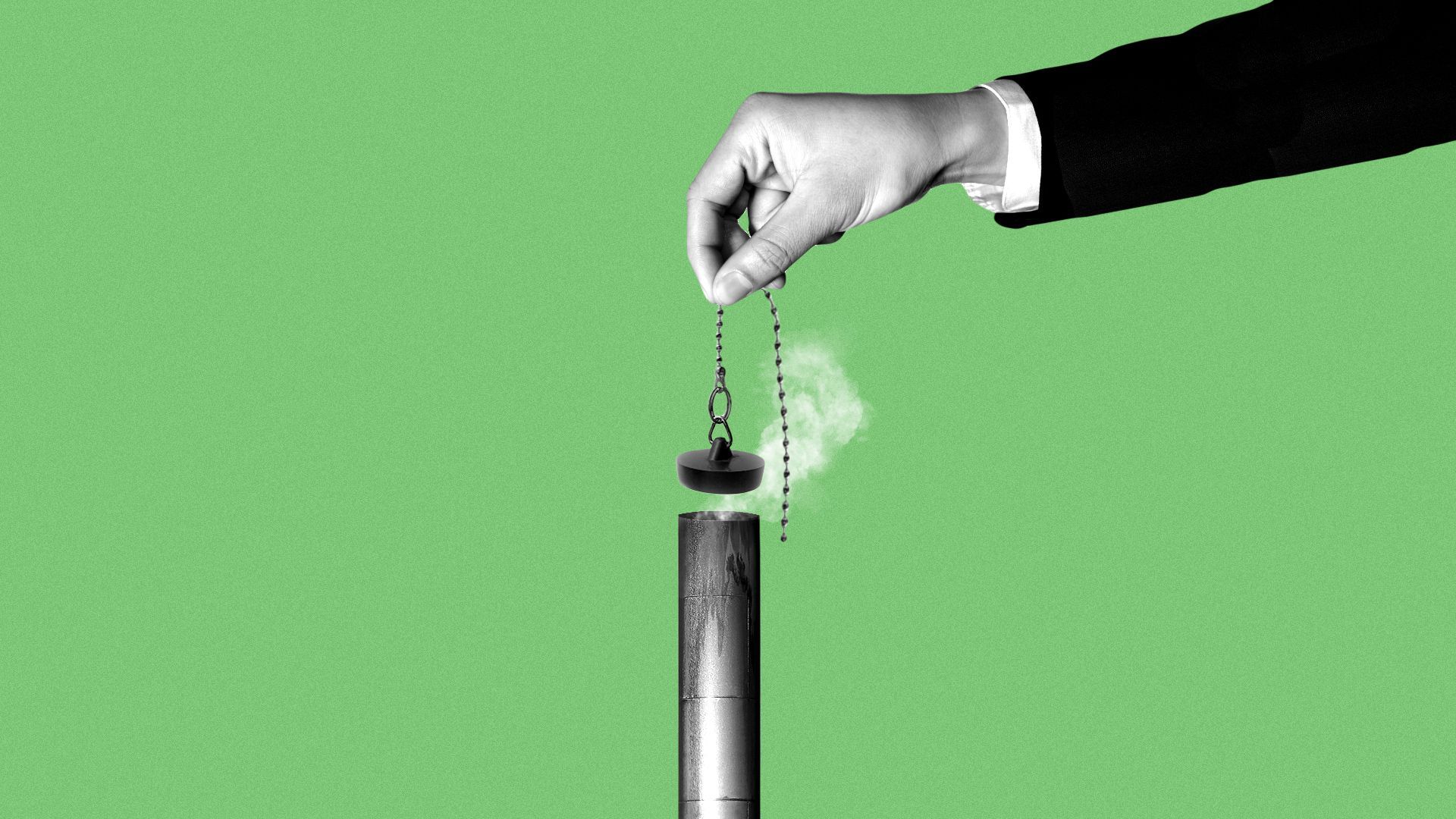 Illustration of a rubber stopper being pulled from a smokestack.