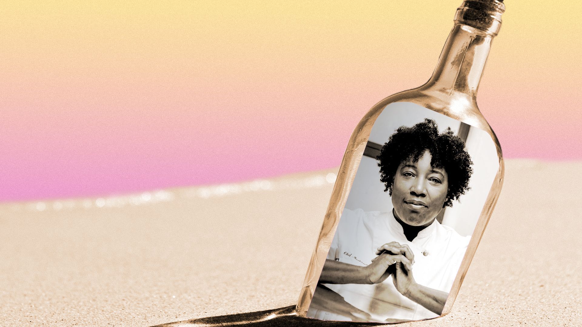 Photo Illustration of Mashama Bailey inside a bottle on a beach.