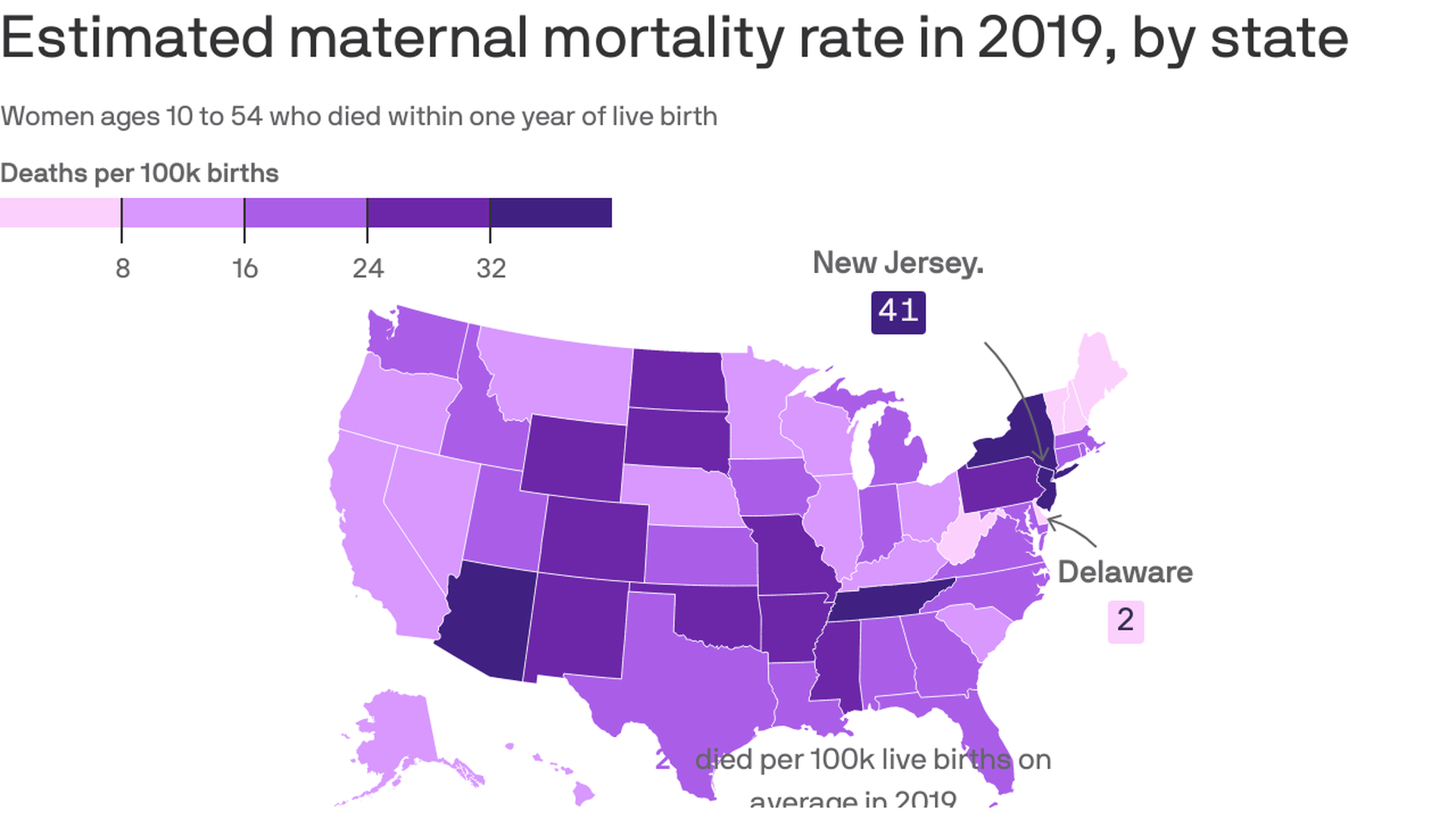 A visualization of a map of the United States with purple shades to depict the rate of maternal deaths.