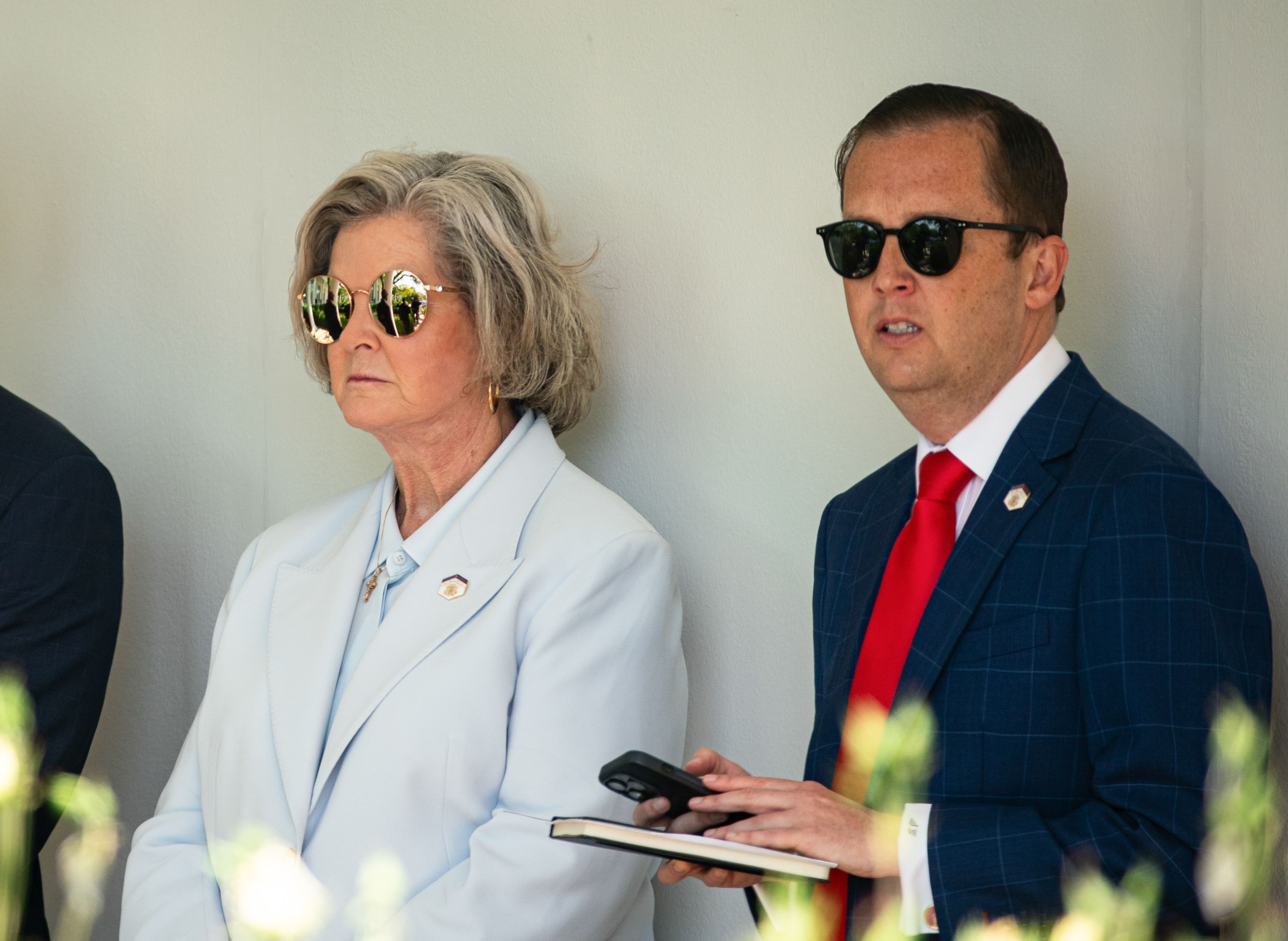 Sergio Gor (right) with White House Chief of Staff Susie Wiles at a Rose Garden event last month.