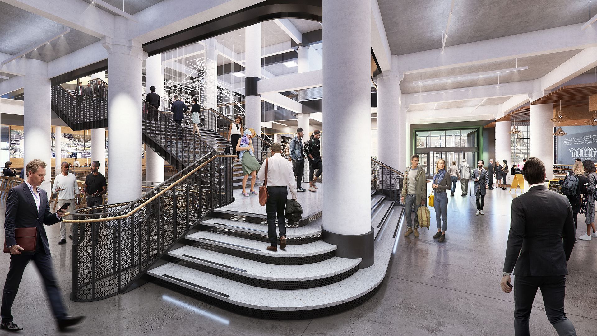 A rendering of business professionals walking up a large staircase in the renovated Dayton's department store project in downtown Minneapolis.