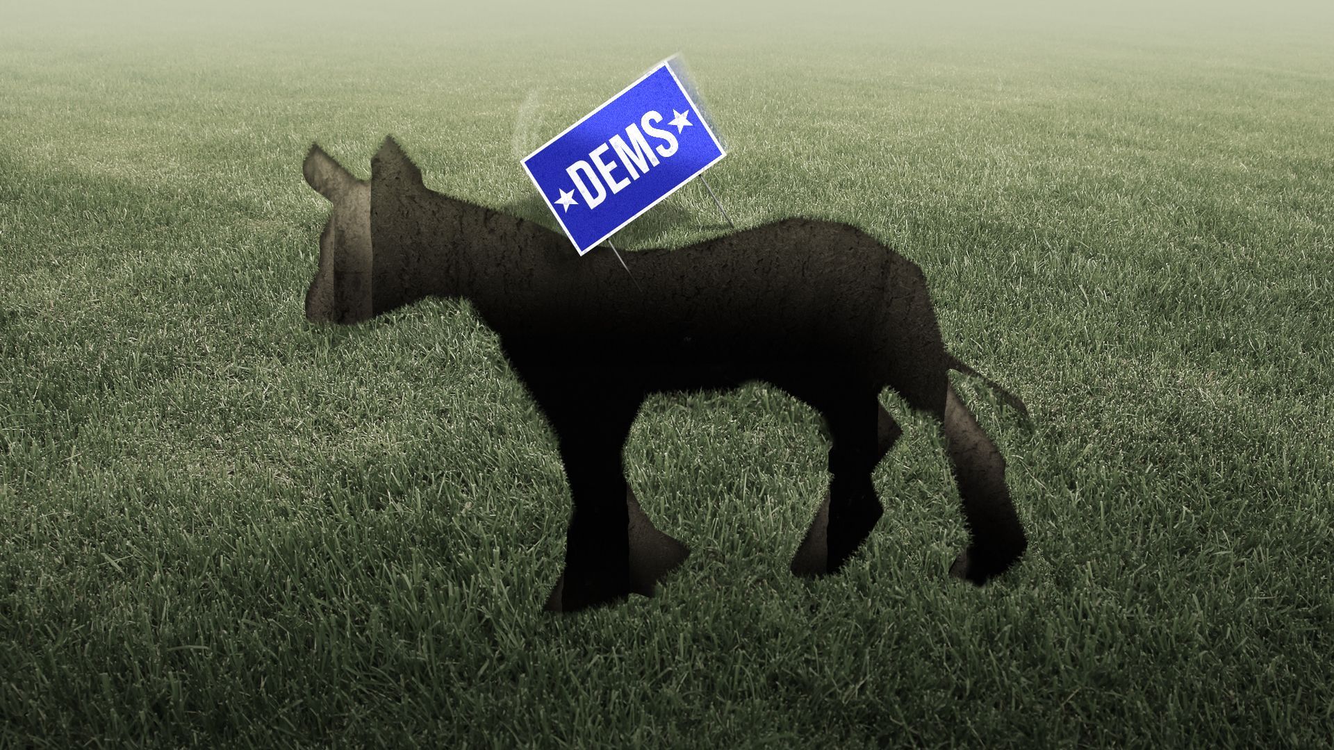 Illustration of a yard sign that reads "Dems" falling into a donkey-shaped hole