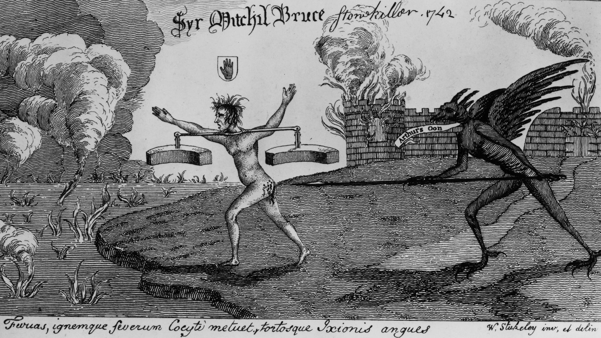 Circa 1550, A winged devil with a spear goads a damned soul towards the fiery river Cocytus in Hell. 