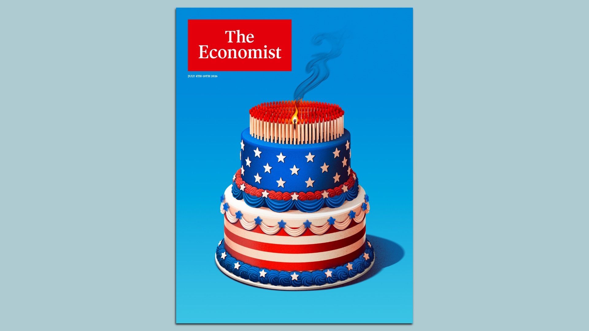 Cover showing a tall patriotic cake in red, white, and blue with white stars; a red "The Economist" title box on a blue background; a single lit candle atop the cake.