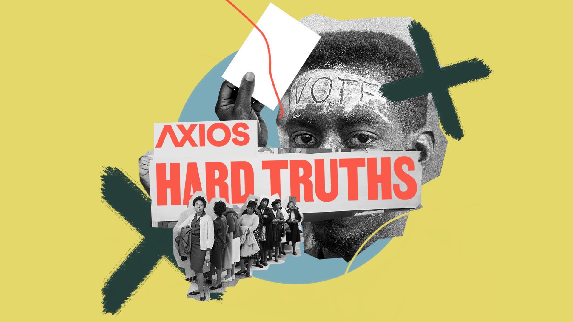 Photo illustration of a young man with the word vote written on his head, women lined up to vote, and a hand holding a ballot