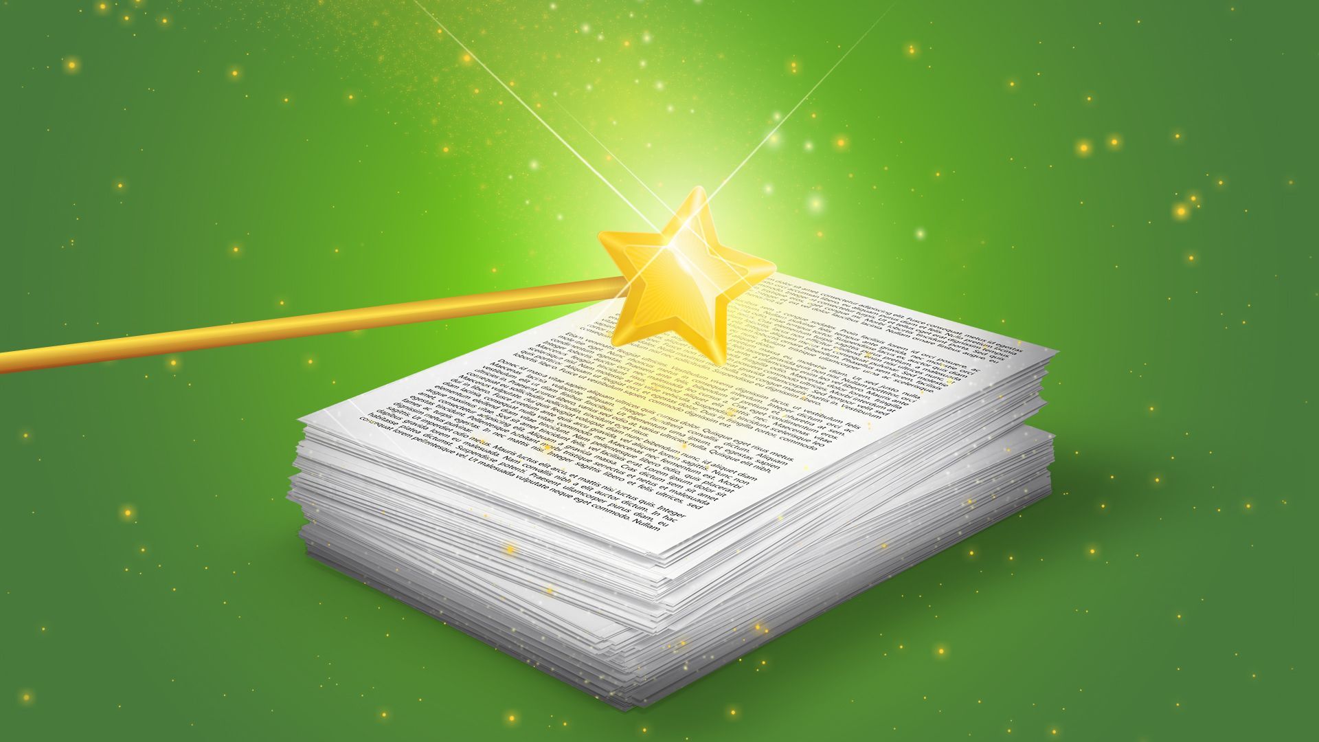 Illustration of a stack of papers with a glowing magic wand over it creating sparkles and stars. 